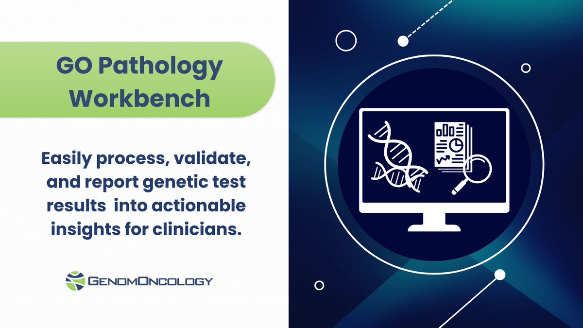 GenomOncology's Pathology Workbench facilitates the seamless processing, validation, and reporting of genomic testing results, outputting actionable insights for clinicians.

Learn more here: genomoncology.com/pathology-work…

#Pathology #GenomicTesting #DataAnalysis #ClinicalGenomics