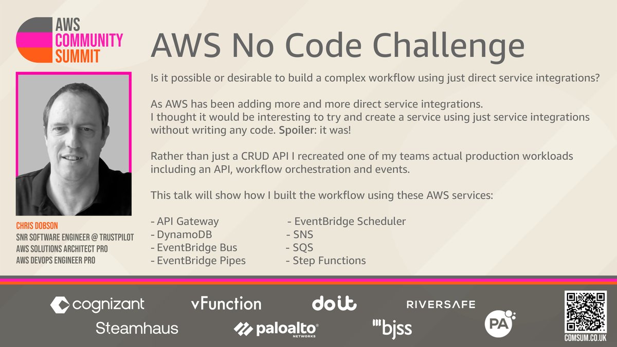 aws community summit (@awscomsum) on Twitter photo Talks! We're sharing abstracts from all our speakers in the run up to next month's Comsum.
Today's we've got <a href="/ChrisDobson/">chris dobson</a>. Catch him in the Builders Track.
#comsum
Supported by:
<a href="/Cognizant/">Cognizant</a> @vFunction @Steamhaus <a href="/PaloAltoNtwks/">Palo Alto Networks</a> @DoiT <a href="/PA_Consulting/">PA Consulting</a> <a href="/BJSSLtd/">BJSS</a> <a href="/RiverSafeUK/">RiverSafe</a> Talks! We're sharing abstracts from all our speakers in the run up to next month's Comsum.
Today's we've got <a href="/ChrisDobson/">chris dobson</a>. Catch him in the Builders Track.
#comsum
Supported by:
<a href="/Cognizant/">Cognizant</a> @vFunction @Steamhaus <a href="/PaloAltoNtwks/">Palo Alto Networks</a> @DoiT <a href="/PA_Consulting/">PA Consulting</a> <a href="/BJSSLtd/">BJSS</a> <a href="/RiverSafeUK/">RiverSafe</a>