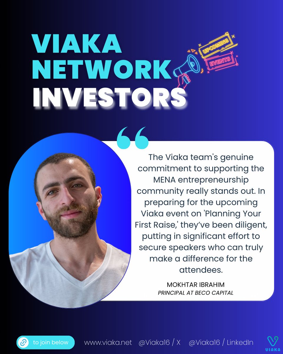 Viaka (@viaka16) on Twitter photo We’re launching TWO new initiatives at #Viaka! Dive into our #ViakaNetworkInvestors newsletter Deep Dive with Mokhtar Ibrahim of <a href="/BECOCapital/">BECO Capital</a> and join our #ViakaVirtualRoundtable: From Deck to Dollars: Preparing for Your First Raise🚀 Link to event and newsletter below We’re launching TWO new initiatives at #Viaka! Dive into our #ViakaNetworkInvestors newsletter Deep Dive with Mokhtar Ibrahim of <a href="/BECOCapital/">BECO Capital</a> and join our #ViakaVirtualRoundtable: From Deck to Dollars: Preparing for Your First Raise🚀 Link to event and newsletter below