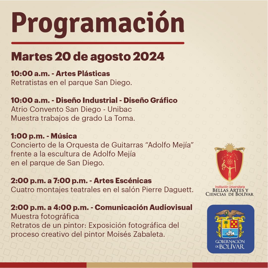 UnibacBolivar's tweet photo. #Unibac llega este martes 20/08 a 135 años de labor académica, formando con elevada calidad a varias generaciones de artistas y profesionales de Cartagena y Bolívar. ¡Invitados a compartir con nuestros artistas!
#CalidadQueTrasciende
@GobDeBolivar @YamilHAranaP @Sacra_Nader https://t.co/CjKsrekJV4