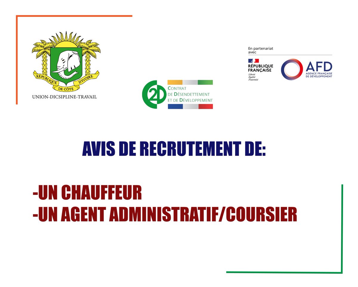 Appel à candidature pour le Recrutement de:
un chauffeur
un agent administratif/coursier
Pour plus d'informations cliquez sur ce lien-&gt;
c2d.gouv.ci/index3.php?pag…
La date limite du dépôt des candidatures est fixée au Mercredi 21 Août 2024 à 12h.