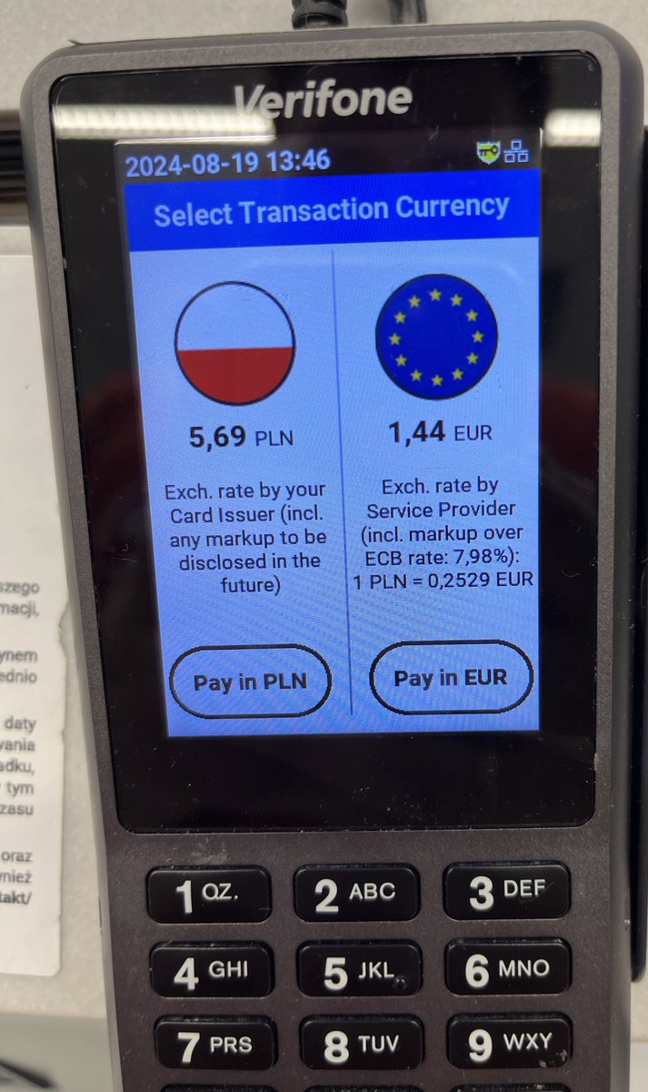 Der #DCC Betrug geht 2024 weiter. Meiner Beobachtung nach noch schlimmer als in letzten Jahren. 90% der Terminals fragen mittlerweile nach, nur die restlichen bestätigen automatisch in Landeswährung. Bei dieser niedrigen Summe hätte ich 11 ct verloren. Viele Touristen wählen Euro