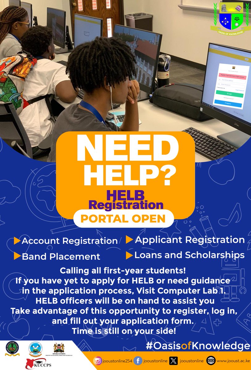 Jooustonline's tweet photo. Calling all first-year students!
If you have yet to apply for HELB or need guidance
in the application process, Visit Computer Lab 1.
HELB officers will be on hand to assist you #oasisofknowledge #jooustonline https://t.co/u33v7TXkXT