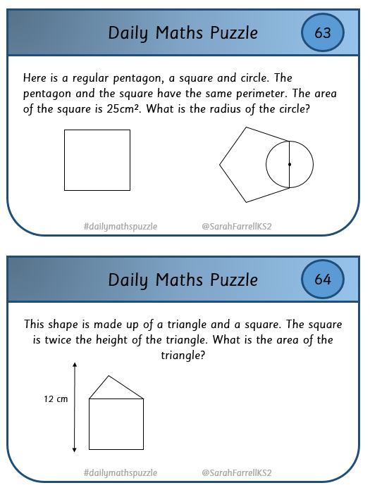 A few years ago, I made about 200 of these daily maths puzzles aimed at Year 6 and using the combined knowledge taught in KS2.  mrsfclassroom.wordpress.com/2021/05/02/dai…