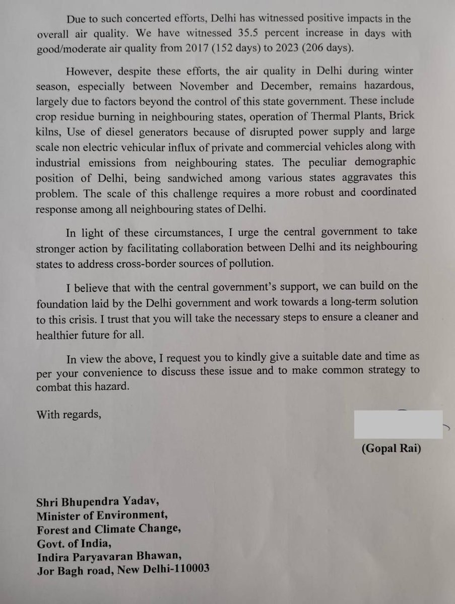 Delhi Environment minister Gopal Rai (<a href="/AapKaGopalRai/">Gopal Rai</a>) writes to Union Minister of Environment Bhupendra Yadav (<a href="/byadavbjp/">Bhupender Yadav</a>) urging Central government to facilitate collaboration between Delhi and its neighbouring states to address cross-border sources of pollution, seeking a