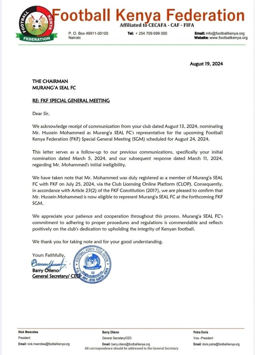 Finally, they have conceded defeat. Incoming president <a href="/husseinmoha/">Hussein Mohammed</a> has no restrictions other than taking over. Now we will deal with the illegal electoral code which gives an appointed CEO powers out of the FKF constitution. We must fix it. <a href="/kipmurkomen/">KIPCHUMBA MURKOMEN, E.G.H</a> <a href="/FIFAcom/">FIFA</a> <a href="/CAF_Online/">CAF Online</a>
