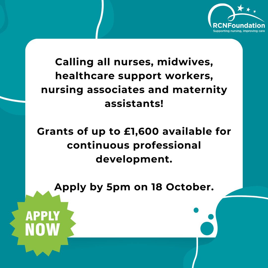 RCN Foundation education grants support your professional &amp; career development &amp; you don’t need to be a member of the RCN to apply.

Funding of up to £1,600 is available for:
✔️Nurses
✔️Midwives
✔️Nursing associates 
✔️HCSW
✔️Maternity assistants

Apply 👉 bit.ly/3IUABUk