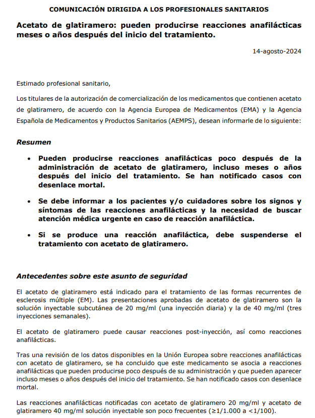sefh_'s tweet photo. ⚠️Comunicación para profesionales sanitarios➡️ Pueden producirse reacciones anafilácticas poco después de la administración de acetato de glatiramero, incluso meses o años después del inicio del tratamiento

Se debe informar a los pacientes y/o cuidadores sobre los signos y síntomas de las reacciones anafilácticas y la necesidad de buscar atención médica urgente https://t.co/vqSvwidyO5