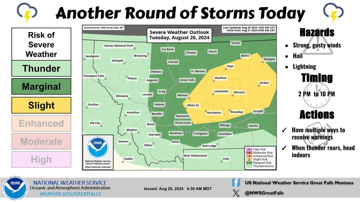 NWSGreatFalls's tweet photo. Another round of showers and thunderstorms is expected this afternoon and evening. Primary storm hazards will be strong, gusty winds, hail, and brief downpours in addition to lightning. Keep an eye to the sky and have multiple ways to receive warnings. #mtwx https://t.co/a3DE05CqKE