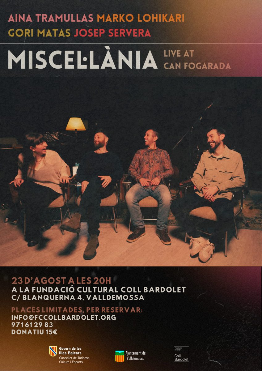 El pròxim divendres 23 d'agost a les 20h tindrà lloc la presentació del disc "Miscel·lània", d'Aina Tramullas, Gori Matas, Marko Lohikari i Josep Servera, a la Fundació Cultural Coll Bardolet.     

📆Divendres 23d'agost  
🕗20:00h 
📲 Reservar: 971 61 29 83
🏷️Donatiu: 15€