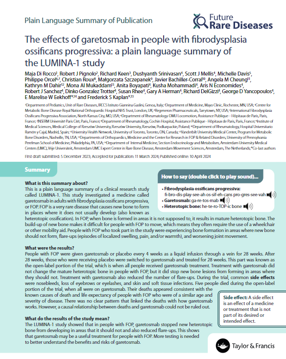 PlainLangSumm's tweet photo. Results from the LUMINA-1 study explore how garetosmab affects adults with fibrodysplasia ossificans progressiva (FOP), a condition where new bone forms in unusual locations. 
https://t.co/l8B8tipu6H

#PlainLanguageSummary #Garetosmab https://t.co/o0ipk8DfZN