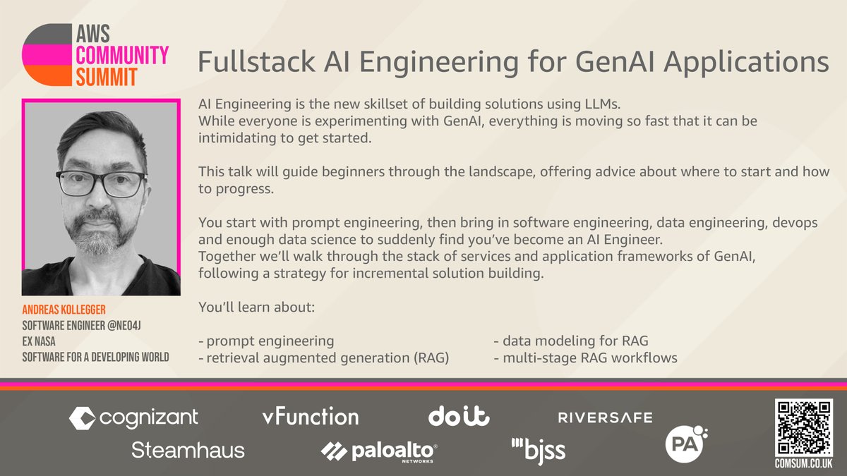 aws community summit (@awscomsum) on Twitter photo Talks! We're sharing abstracts from our speakers in the run up to next month's Comsum.
Today's offering comes from <a href="/kollegger44957/">Andreas Kollegger</a>
Catch him in the Builders Track.
#comsum
Supported by <a href="/Cognizant/">Cognizant</a> <a href="/v_function/">vFunction</a> @Steamhaus <a href="/PaloAltoNtwks/">Palo Alto Networks</a> @DoiT <a href="/PA_Consulting/">PA Consulting</a> <a href="/BJSSLtd/">BJSS</a> <a href="/RiverSafe/">RiverSafe</a> Talks! We're sharing abstracts from our speakers in the run up to next month's Comsum.
Today's offering comes from <a href="/kollegger44957/">Andreas Kollegger</a>
Catch him in the Builders Track.
#comsum
Supported by <a href="/Cognizant/">Cognizant</a> <a href="/v_function/">vFunction</a> @Steamhaus <a href="/PaloAltoNtwks/">Palo Alto Networks</a> @DoiT <a href="/PA_Consulting/">PA Consulting</a> <a href="/BJSSLtd/">BJSS</a> <a href="/RiverSafe/">RiverSafe</a>