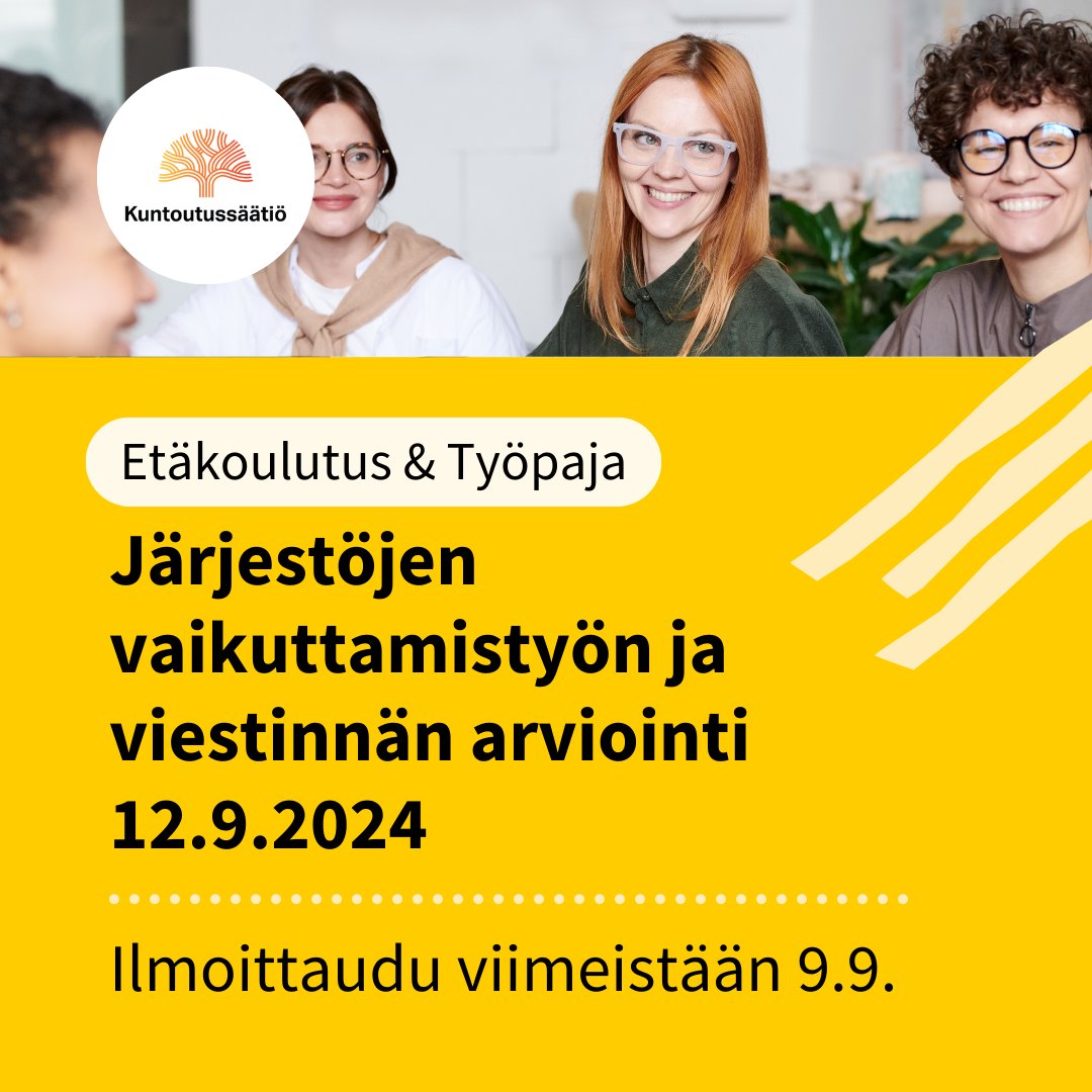 Kuntoutussaatio's tweet photo. Hei järjestötoimija! Tervetuloa vaikuttamistyön ja viestinnän arvioinnin etäkoulutukseen ja työpajaan.

Voit halutessasi osallistua sekä koulutukseen että työpajaan tai vain valitsemaasi osaan.

🔗Lue lisää ja ilmoittaudu mukaan 9.9. mennessä: https://t.co/stqsBJR10Q

#arviointi https://t.co/PHBi9cTN8a