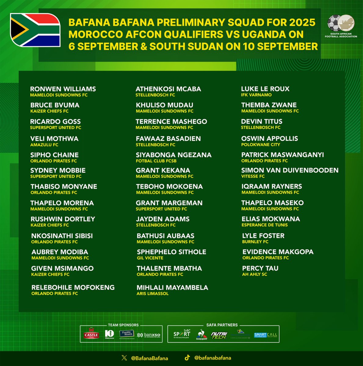 BafanaBafana's tweet photo. Bafana Bafana coach Hugo Broos names the preliminary squad to face Uganda and South Sudan in two 2025 Africa Cup of Nations qualifiers in September 2024. https://t.co/7brilXGsxY