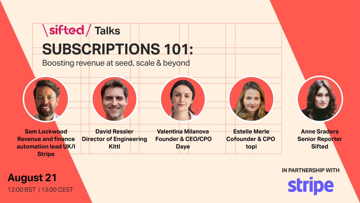 Siftedeu's tweet image. ⏰ Last chance to register for today’s Sifted Talks ⏰

Subscriptions 101: Boosting revenue at seed, scale and beyond

Secure your spot here 👉 sifted.eu/talks/subscrip… 

#stripe #subscriptions #siftedtalks #startups