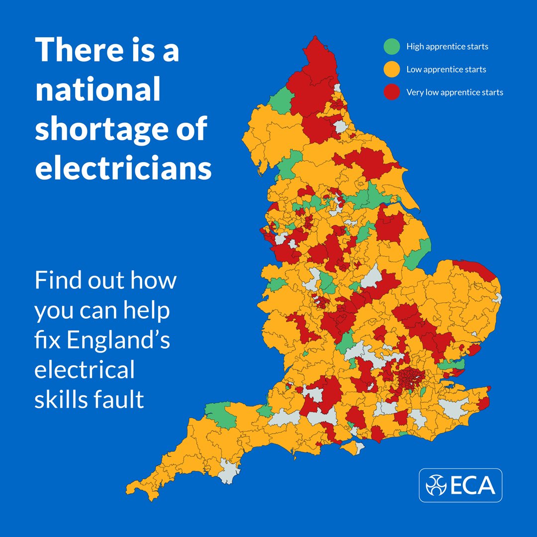 There is a national shortage of electricians. The #ElectricalSkillsIndex created by ECA shows the electrical skills gap in England by constituency. Find out more here: eca.co.uk/taking-action/…