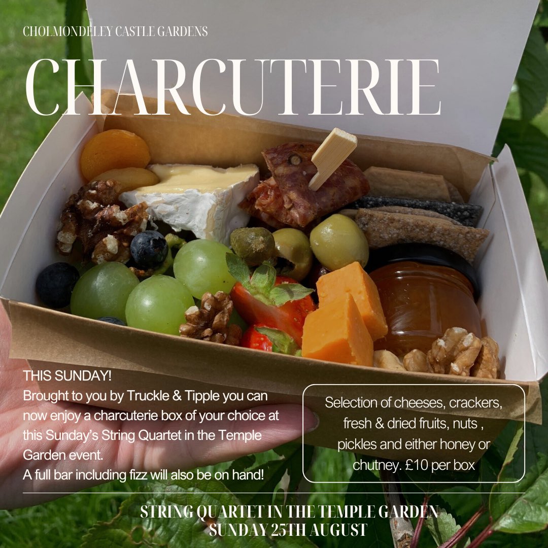 Charcuterie and Fizz 🥂 

Brought to you by Truckle &amp; Tipple you can now enjoy delicious charcuterie this coming Sunday whilst you relax on the banks of the Temple Water Garden whilst the quartet play. 

cholmondeleycastle.com/event/classica…