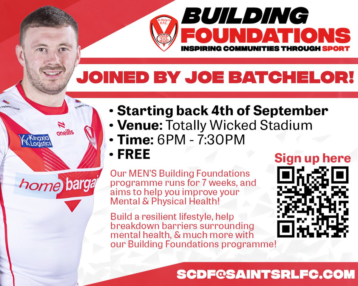 🧱𝘽𝙪𝙞𝙡𝙙𝙞𝙣𝙜 𝙁𝙤𝙪𝙣𝙙𝙖𝙩𝙞𝙤𝙣𝙨 𝙍𝙚𝙩𝙪𝙧𝙣𝙨!

We are delighted to confirm our Building Foundations campaign is back on the 4th of September!

A FREE Fitness and Mental Wellbeing session, with <a href="/Saints1890/">St.Helens R.F.C.</a> Joe Batchelor, get involved!

Sign up - shorturl.at/QdmeU