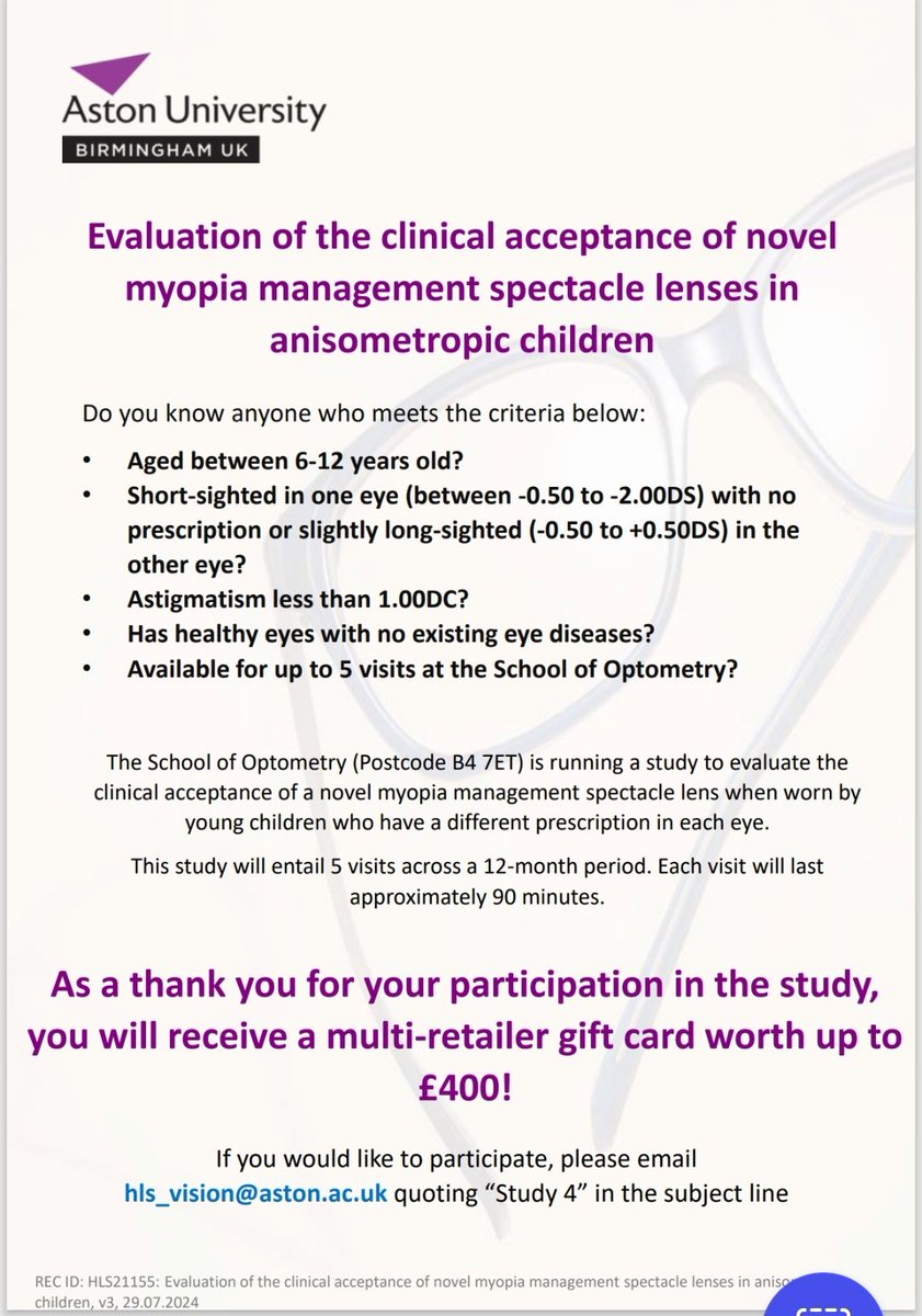 Leon Davies (@profleondavies) on Twitter photo 📢 We're looking for children aged 6-12 years old for our #myopia study <a href="/AstonOptometry/">Aston Optometry</a> <a href="/AstonUniversity/">Aston University</a> ⬇️
Participants get a £400 gift card. Children can also keep their preferred glasses!
If you are interested, email "Study 4" to HLS_vision@aston.ac.uk 📢 We're looking for children aged 6-12 years old for our #myopia study <a href="/AstonOptometry/">Aston Optometry</a> <a href="/AstonUniversity/">Aston University</a> ⬇️
Participants get a £400 gift card. Children can also keep their preferred glasses!
If you are interested, email "Study 4" to HLS_vision@aston.ac.uk
