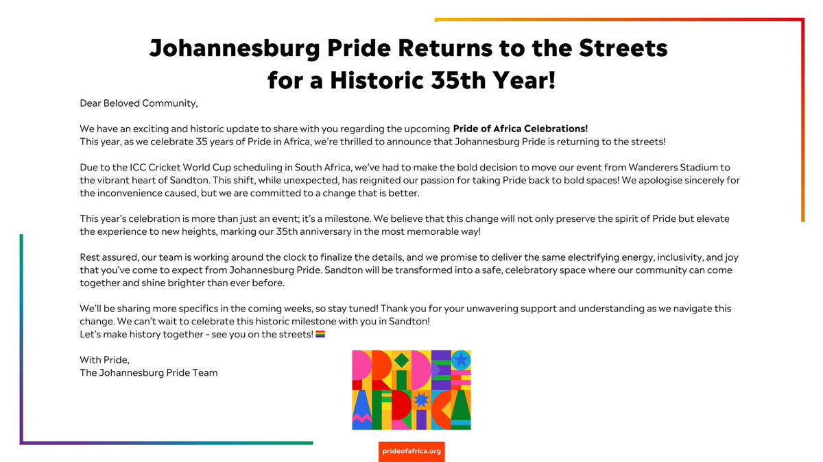 We are back and ready to roll 🔥✊🌈
#JohannesburgPride #PressStatement