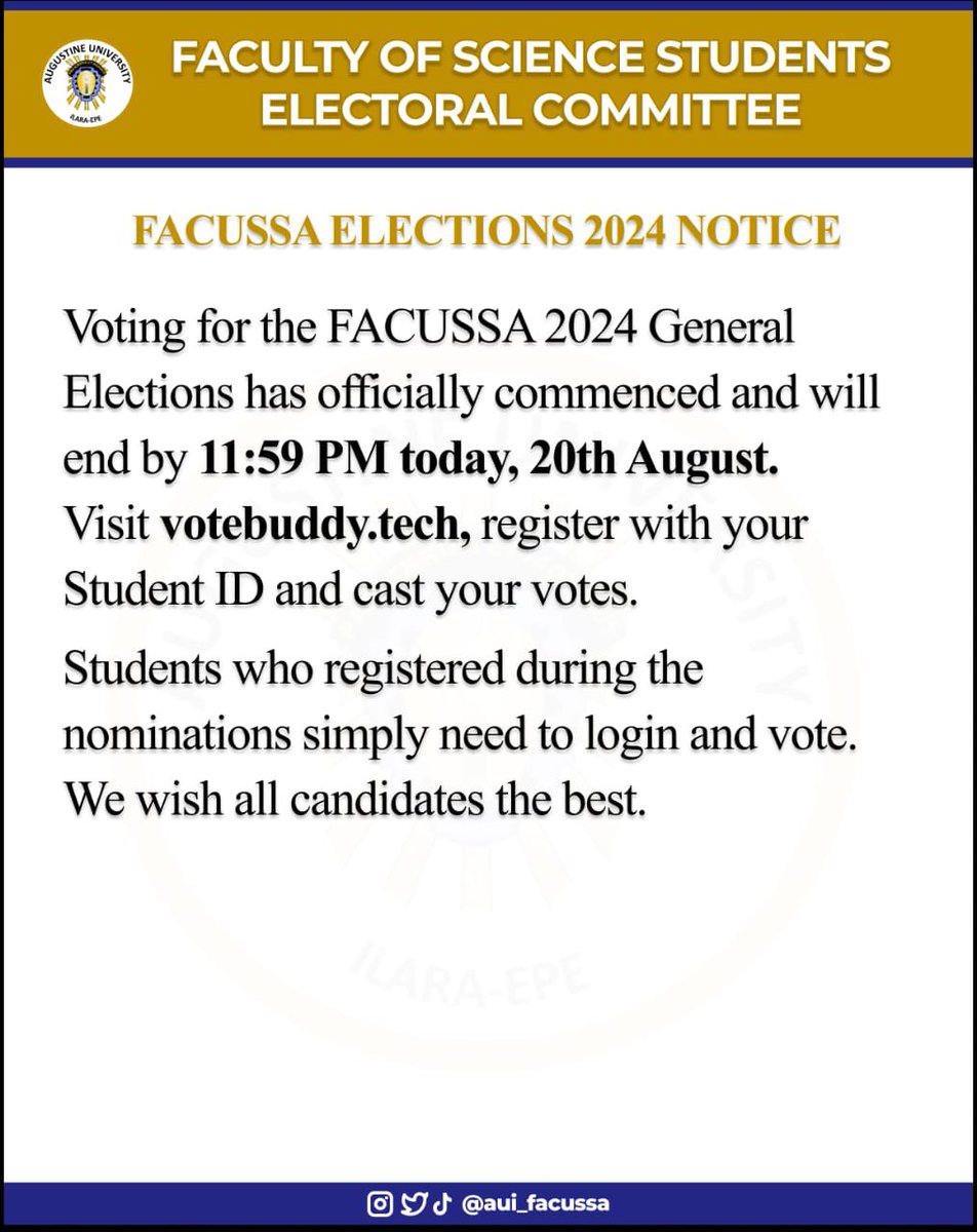 aui_facussa's tweet photo. Voting is currently ongoing at https://t.co/h9yWDIpmf5
If you haven't cast your votes yet, please do so before time runs out.
Thanks.
#makeyourchoice #standforgrowth https://t.co/FptiWFXVq9