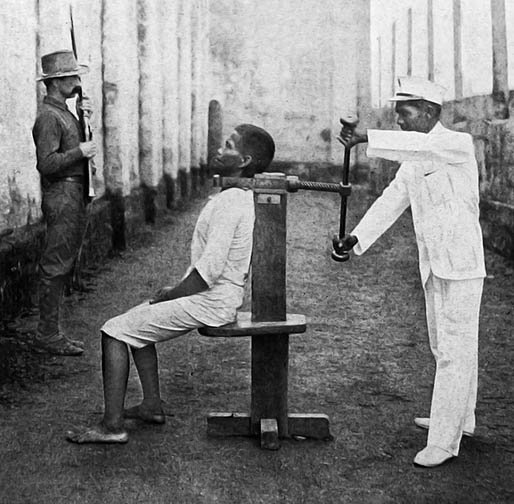creepydotorg's tweet photo. 18. A garrote is a weapon and a method of capital punishment. The condemned would sit with a metal clamp wrapped around their neck before the executioner turned the screw, which would theoretically burst their brainstem, killing them instantly. https://t.co/PCRHfMkbxy