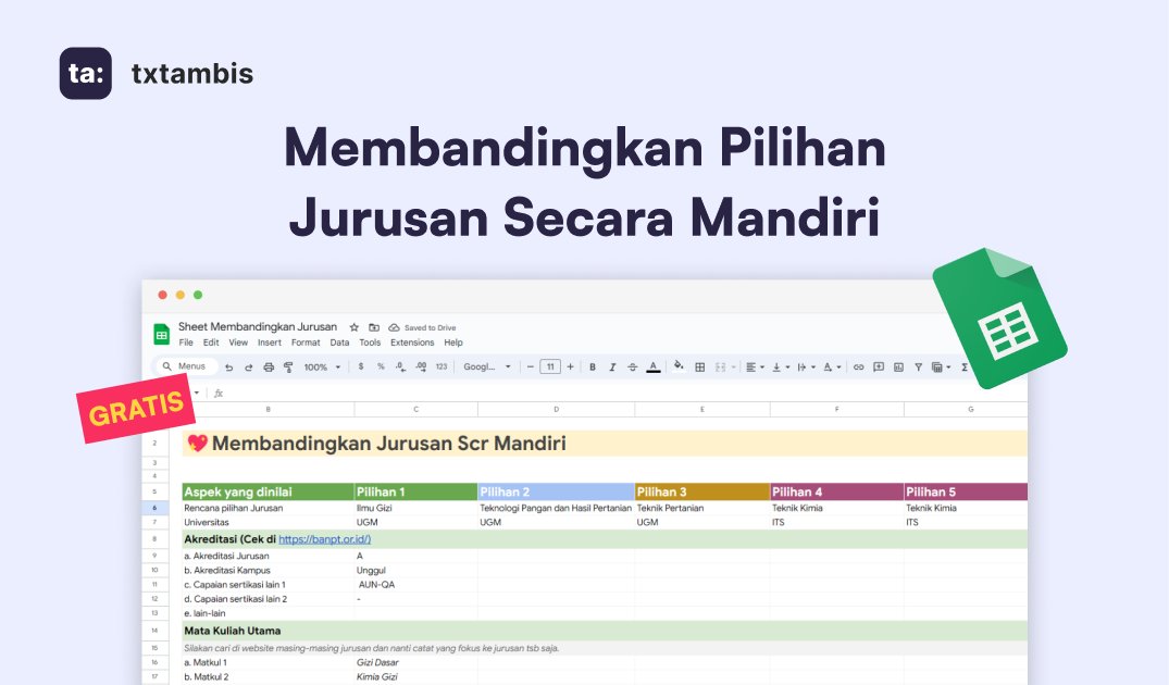 BANDINGKAN PILIHAN JURUSAN KULIAH!

Menentukan pilihan jurusan kuliah adalah langkah pertama &amp; paling penting sblm mikirin SNBP/SNBT.

Ini aku ada sedikit template google sheet untuk memudahkan dalam riset jurusan kuliah. #jangansalahjurusan

🧵UTAS ˎˊ˗