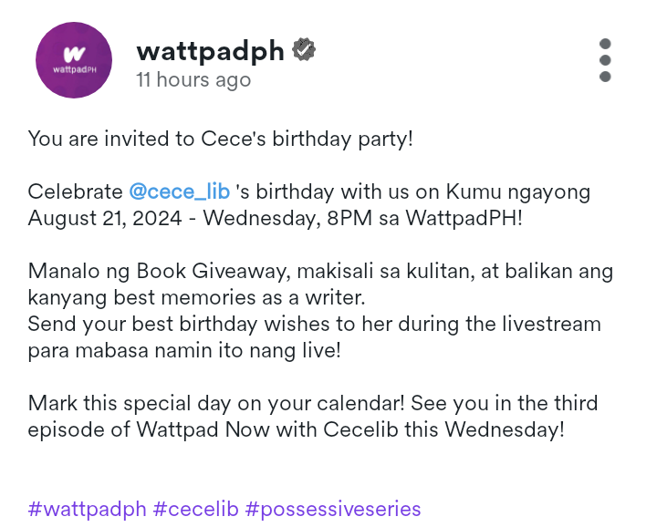 teamcecelib's tweet photo. wattpadph kumu post!
You are invited to Cece's birthday party!
Celebrate @cece_lib 's birthday with us on Kumu ngayong August 21, 2024 - Wednesday, 8PM sa WattpadPH!
#wattpadph #cecelib #possessiveseries https://t.co/T5YmxIeRSx