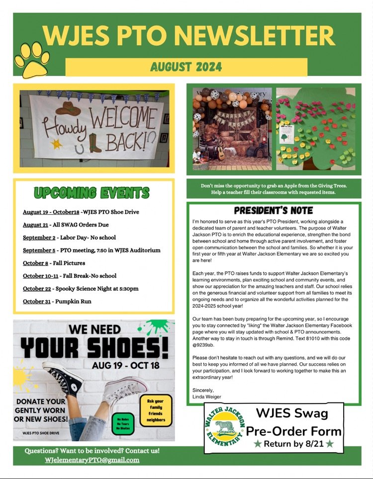 See the attached image for the WJES PTO Newsletter.