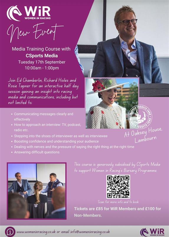 CSports Media Training Event – Oaksey House

 Tuesday 17th September 2024 10am-1pm

Join <a href="/chamberlinsport/">Ed Chamberlin</a> <a href="/RichardHoiles/">Richard Hoiles</a> &amp; <a href="/Rosie_Tapner/">Rosie Tapner</a> for a fun &amp; interactive half day session to gain an insight into racing media and communications! <a href="/WomenInRacing1/">WomenInRacing</a>
 
➡️ womeninracing.co.uk/events/