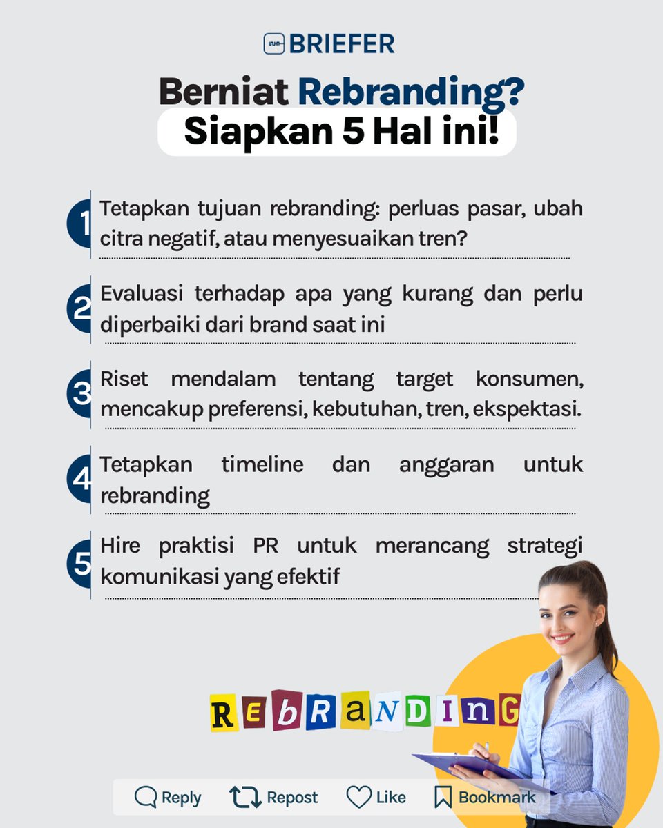 BrieferID's tweet photo. Bisnismu berniat untuk rebranding?

Jangan sampai salah langkah, pastikan kamu menyiapkan beberapa hal ini dulu, ya! https://t.co/BwMXeEYf8t