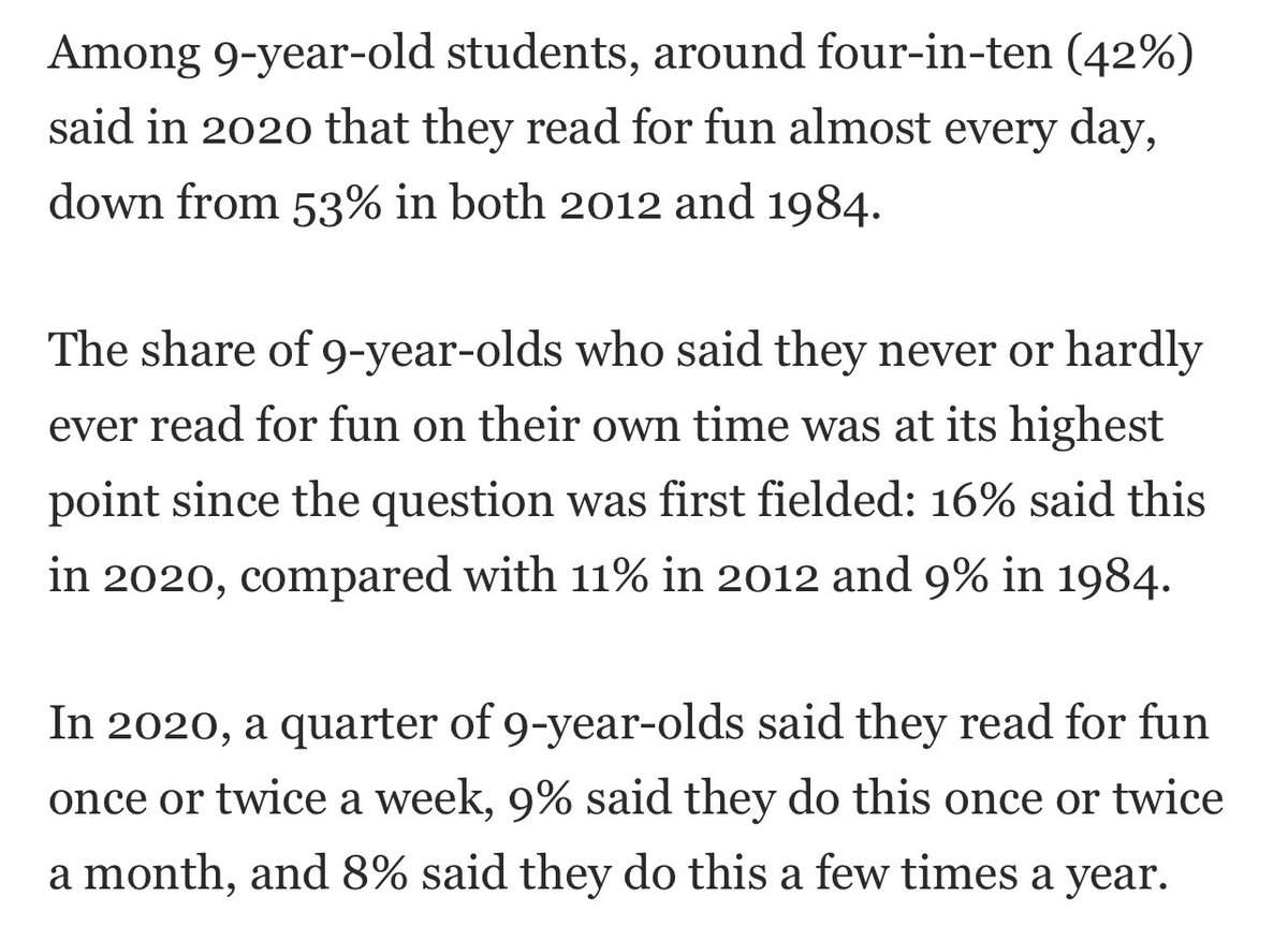 moniza_hossain's tweet photo. The numbers look bad but 42 percent of nine year olds are still reading every day. That’s a lot of kids! We need to cater to these kids. We need to work on increasing their access to books before they become teens who find no pleasure in reading https://t.co/1PjWGgiQuJ