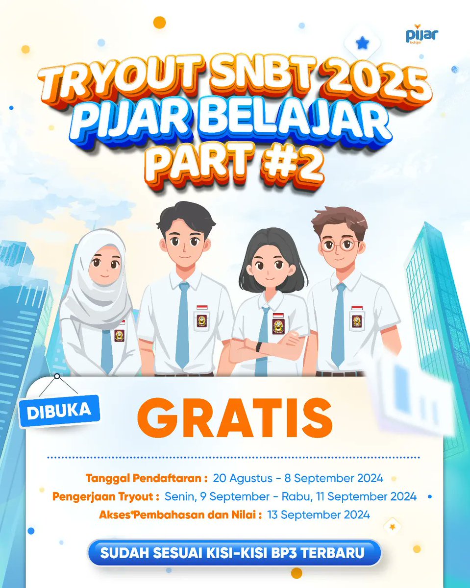 ❗️DIBUKA❗️
🌟 PENDAFTARAN Tryout SNBT Pijar Belajar part #2 GRATIS 🌟⁣
⁣
Pejuang PTN mari merapat, yuk ikutan tryout gratis dari Pijar Belajar😍
⁣
🗓️Tanggal Pendaftaran: 20 Agustus - 8 September 2024
🏁Pengerjaan TO: 9 - 11 September 2024
🚨Akses Pembahasan: 13 September 2024