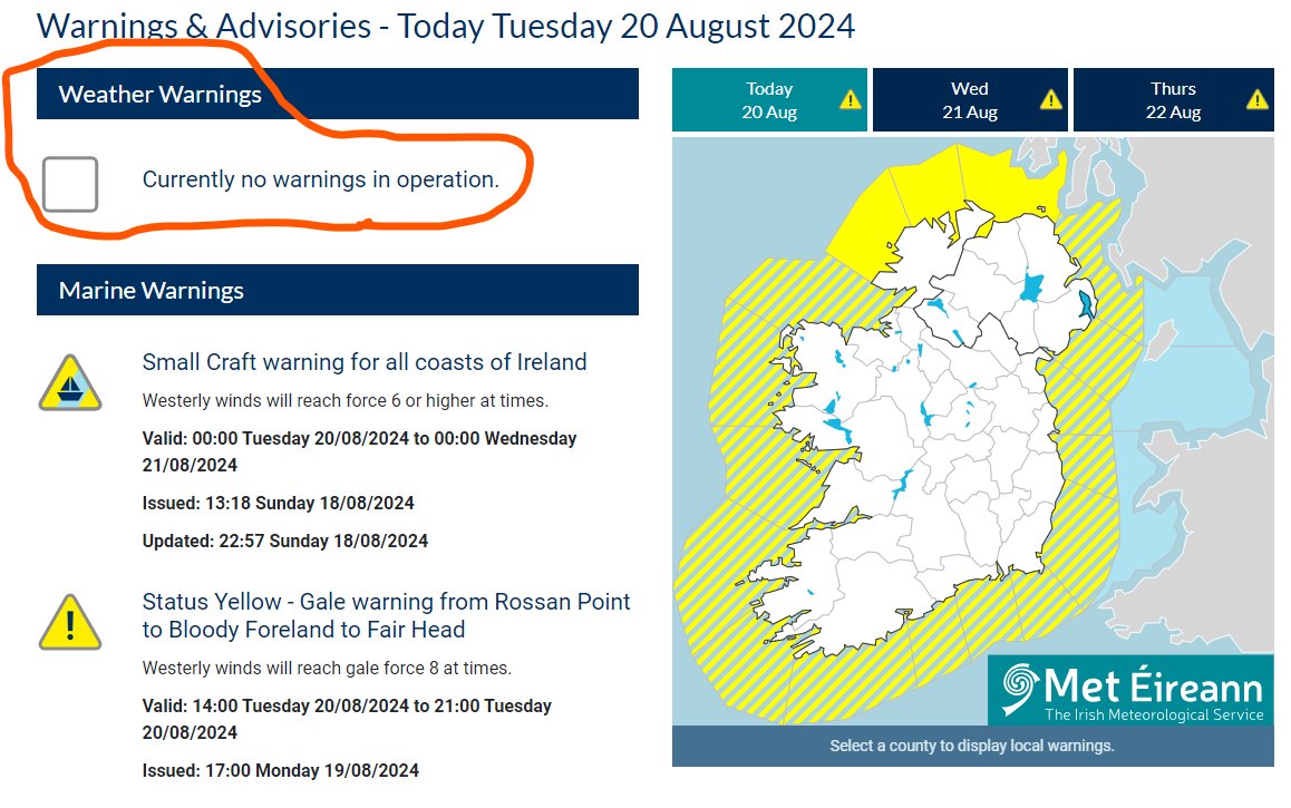 JPFlyn's tweet photo. @MetEireann 2of2:  Secondly, It is very confusing like today for your website to say: "Weather warnings:  Currently no warning in operation."  when there is a marine warning in operation. d https://t.co/G3hmhLJbK5