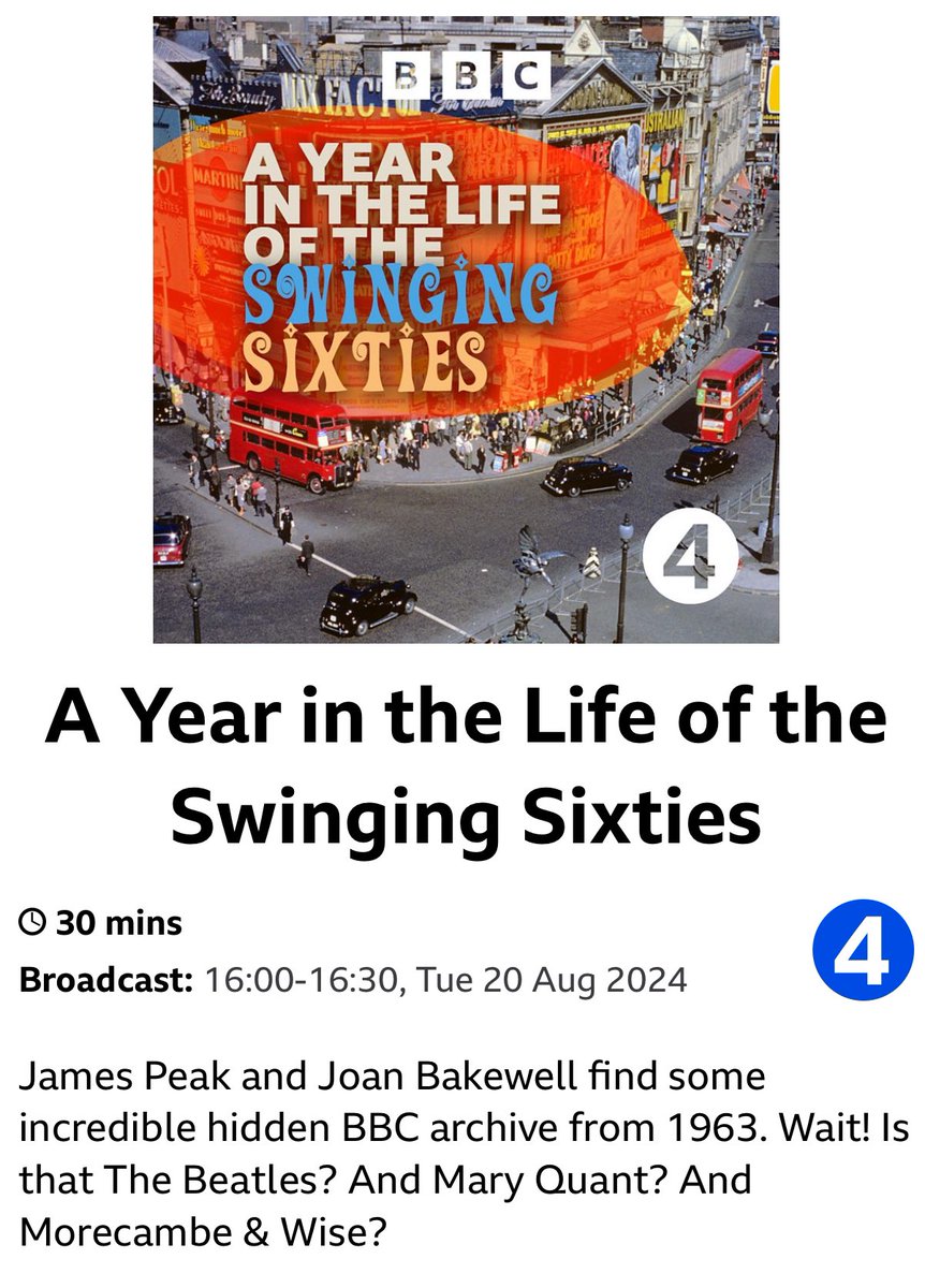Hey cool cats, why not listen to this at 4pm today on #BBCRadio4 ?? #ayearinthelifeoftheswingingsixties