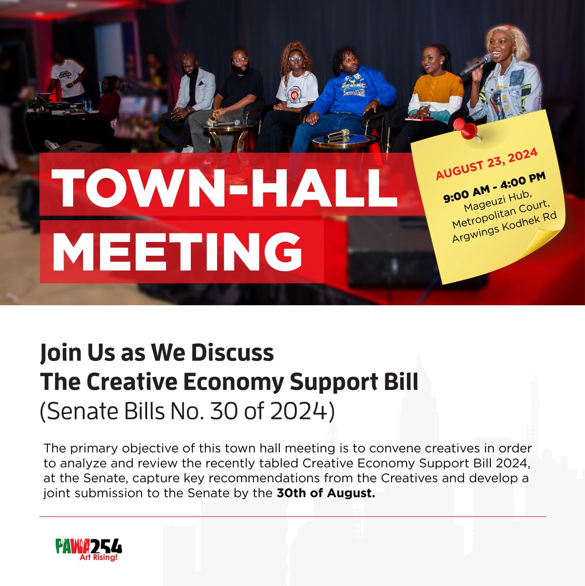 Pawa254's tweet image. 𝐉𝐨𝐢𝐧 𝐮𝐬✨️ This friday from 9:00 AM to 4:00 PM, this is your chance to voice your opinions and help craft a bill that truly supports the creative sector as a key driver of our economy, innovation, and cultural identity.

 Come through‼️ Your input matters!
#ArtRising