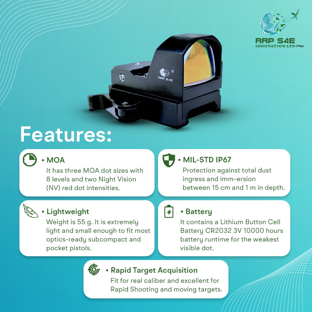 RRPS4E's tweet image. Precision meets durability! Our lightweight reflex sight, designed for rapid target acquisition, ensures you&apos;re ready for any situation. 
 #TacticalGear #ReflexSight #PrecisionShooting #InnovationInSight #S4EInnovation #innovation #innovationforsafety #securitydrones