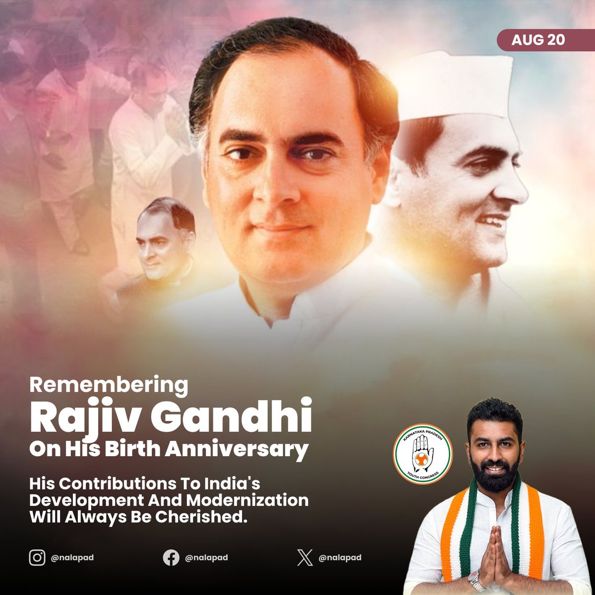 nalapad's tweet photo. On the birth anniversary of Rajiv Gandhi, we remember a visionary leader who dreamt of a modern, progressive India.
His contributions to technology, education, and empowerment continue to inspire us. Let’s honor his legacy by working towards the India he envisioned.
#RajivGandhi https://t.co/tgPjzfvVZz