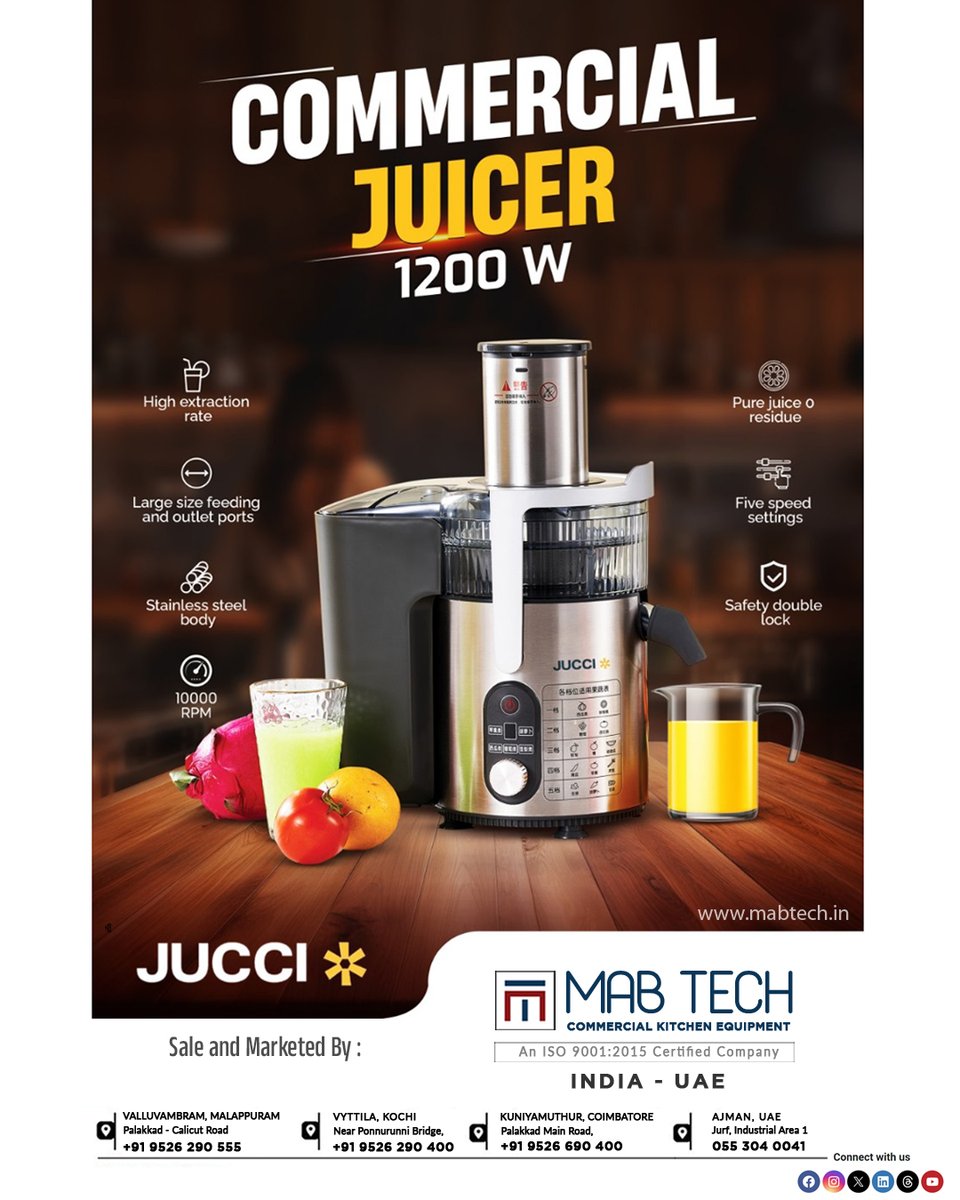 Mabtech_india's tweet photo. JUCCI Commercial Juicer (1200w)
#juicer

If you have any queries or concerns, we're happy to help
Contact us at:
#malappuram : 9526 290 555
#kochi : 9526 290 400
#coimbatore : 9526 690 400 https://t.co/iBLjZdJbSp