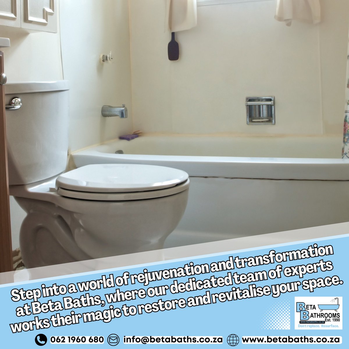 BetaBathrooms's tweet image. Step into a world of rejuvenation with our professional bathroom resurfacing services! Contact us at 0621960680 or info@betabaths.co.za to learn more. #MakeoverMagic #BathroomBliss