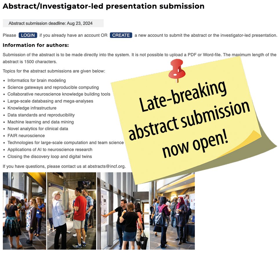 📢3 days left!!📢

Don't miss out - submit your late-breaking abstract to INCF Neuroinformatics Assembly 2024 🧠

📆 Deadline: Fri Aug 23

Submit your abstract: bit.ly/INCFabstracts
See the program: bit.ly/AssemblyProgram
Register for Assembly: bit.ly/Assembly24Reg