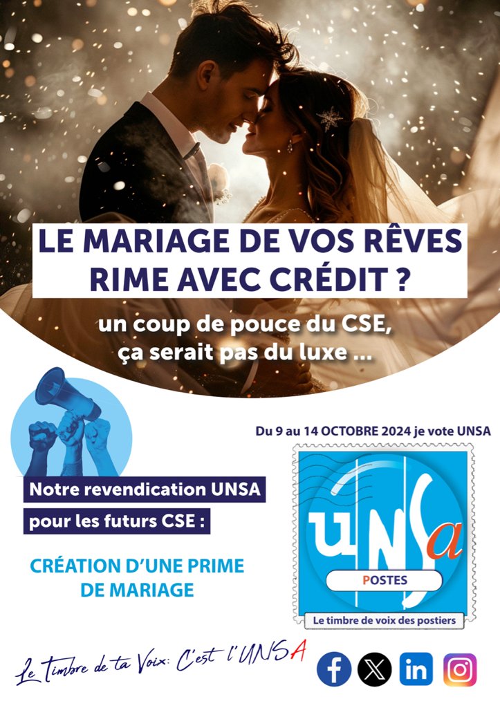 unsapostes_off's tweet photo. 📷Nos Propositions, ce sont les vôtres !

Cette semaine sera placée sous le signe du Bonheur ! Et pourquoi pas un coup de pouce financier de votre futur CSE pour votre mariage ?

#letimbredevoixdespostiers
#cselaposte
#UNSA
#LaPoste
@followers https://t.co/Fe8np2jsGT
