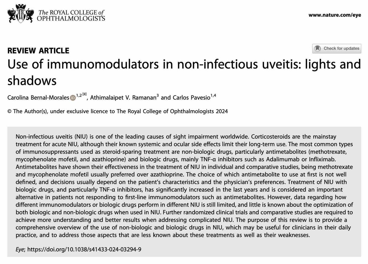 This review provides a comprehensive overview of the use of non-biologic and biologic drugs in non-infectious #uveitis, and addresses the aspects that are less known about these treatments as well as their weaknesses.
nature.com/articles/s4143…
<a href="/carolmbernal/">Carol Bernal</a> #Ophthalmology