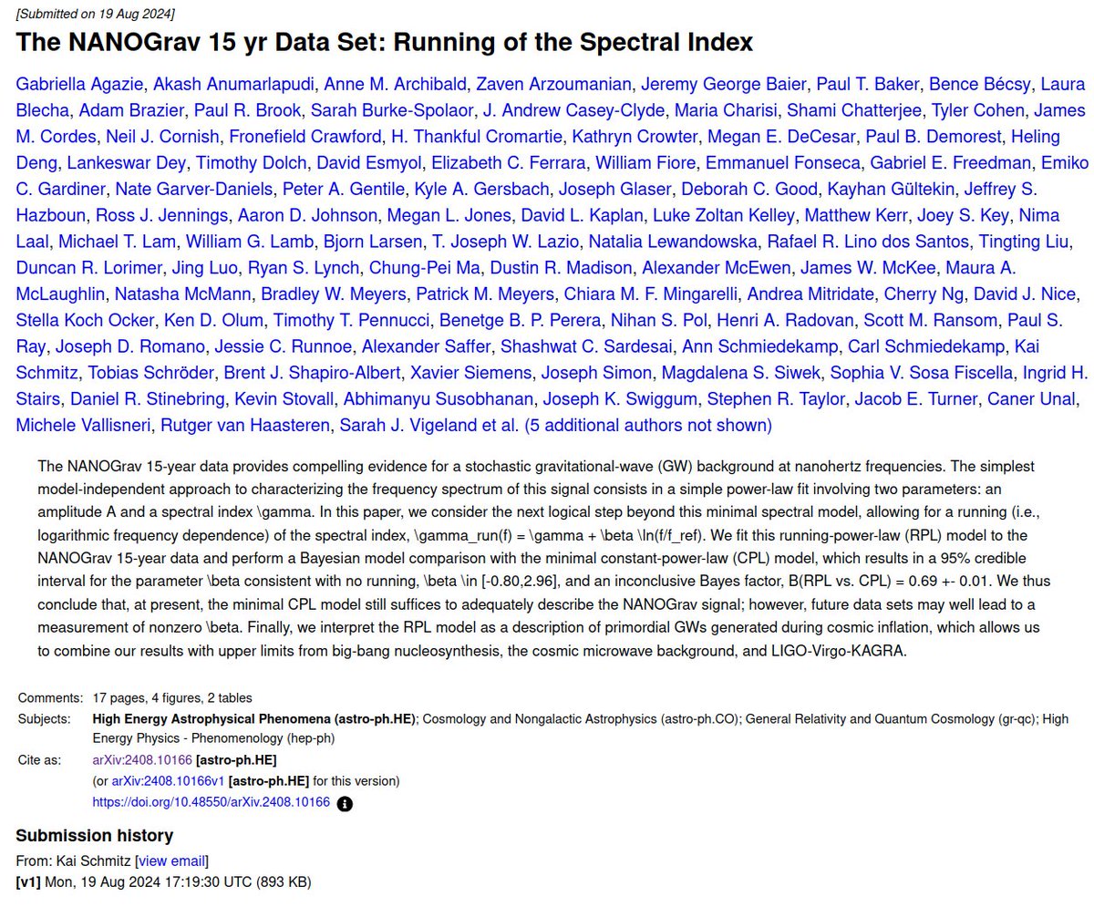 Particle Cosmology Münster (@particlecosmoms) on Twitter photo 🚨 New analysis of the <a href="/NANOGrav/">NANOGrav PFC</a> 15-yr data (main contributions from Münster+Warsaw): We introduce the running of the spectral index, constrain it using our data, and discuss parameter bounds that apply if the signal should originate from cosmic inflation: arxiv.org/abs/2408.10166 🚨 New analysis of the <a href="/NANOGrav/">NANOGrav PFC</a> 15-yr data (main contributions from Münster+Warsaw): We introduce the running of the spectral index, constrain it using our data, and discuss parameter bounds that apply if the signal should originate from cosmic inflation: arxiv.org/abs/2408.10166