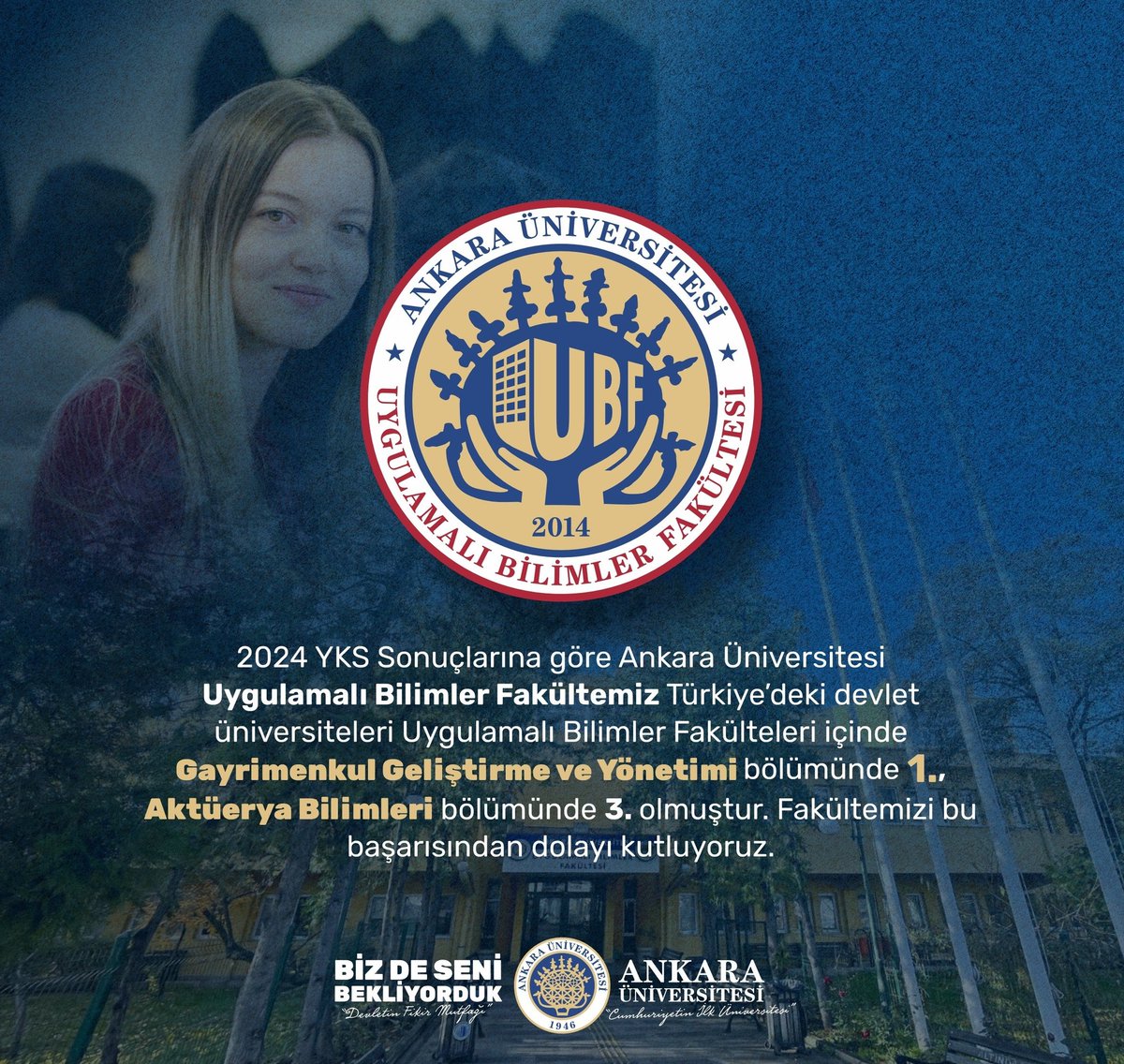 2024 YKS Sonuçlarına göre Ankara Üniversitesi Uygulamalı Bilimler Fakültemiz Türkiye’deki devlet üniversiteleri Uygulamalı Bilimler Fakülteleri içinde Gayrimenkul Geliştirme ve Yönetimi bölümünde 1., Aktüerya Bilimleri bölümünde 3. olmuştur. Fakültemizi bu başarısından dolayı