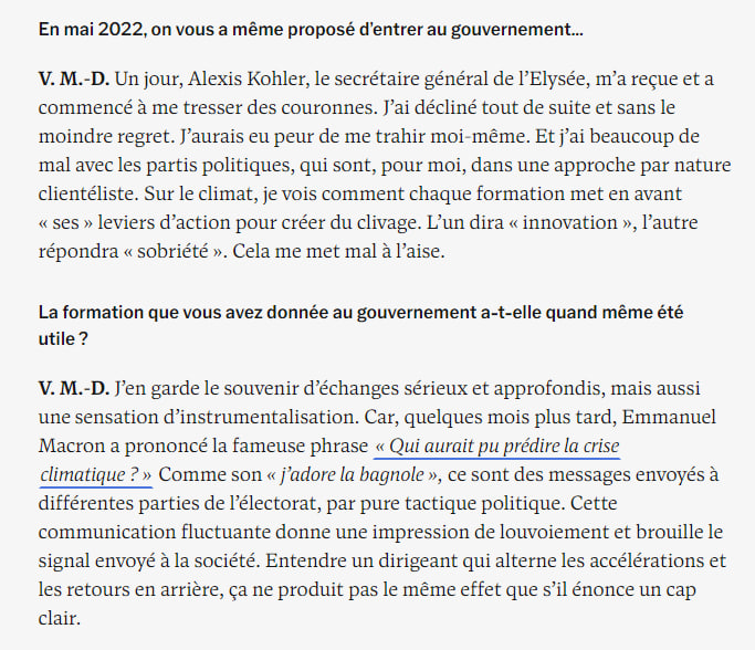 BonPote's tweet photo. C'est le problème avec le gouvernement Macron. Ils se foutent du changement climatique et ne respectent pas les scientifiques et leurs travaux. 
Ils ne veulent pas travailler avec vous : ils veulent vous instrumentaliser. ( Valérie Masson-Delmotte, dans l'OBS) https://t.co/tsed5lKPVl
