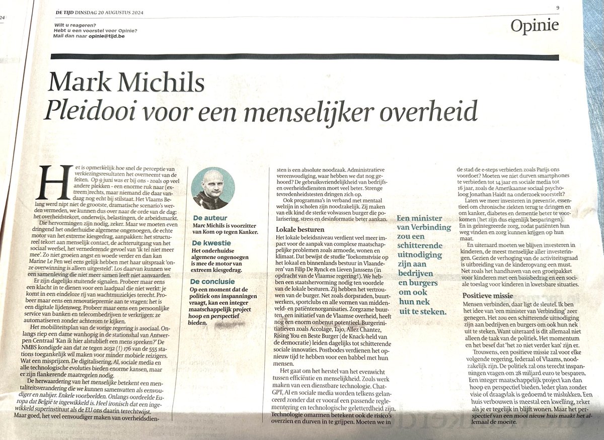 Mijn opinie ‘Pleidooi voor een gezamenlijke maatschappelijke missie’ in De Tijd. Weliswaar met verkeerde naam en foto (nochtans prima vakantie gehad). Je vindt artikel ook op marcmichils.be