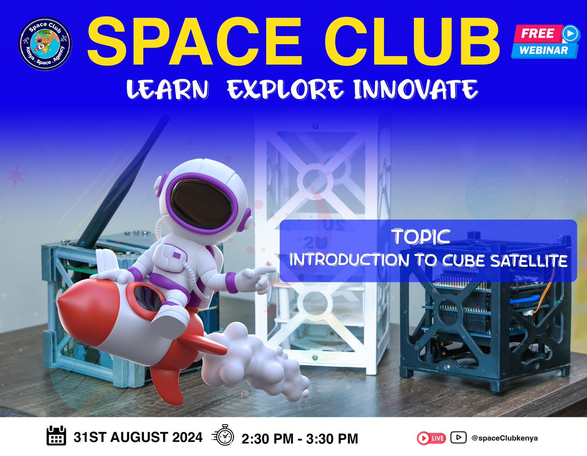 Our next webinar is on Introduction to Cubesats. What are they and how do they benefit us? Find out this and more about the interesting world of cube satellites! 🛰️

Where: Online webinar (events.teams.microsoft.com/event/c7672020…)

When: 31st August 2024
Time: 2:30 pm - 3:30 pm

We look forward