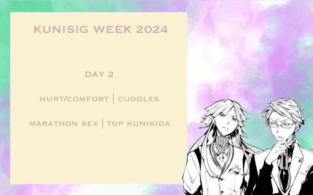 KunisigWeek's tweet photo. - — ——————— — -
DAY 2 : #KunisigWeek
- — ——————— — -

SFW: HURT/COMFORT | CUDDLES

NSFW: MARATHON SEX | TOP KUNIKIDA https://t.co/bOoHHzWwzX