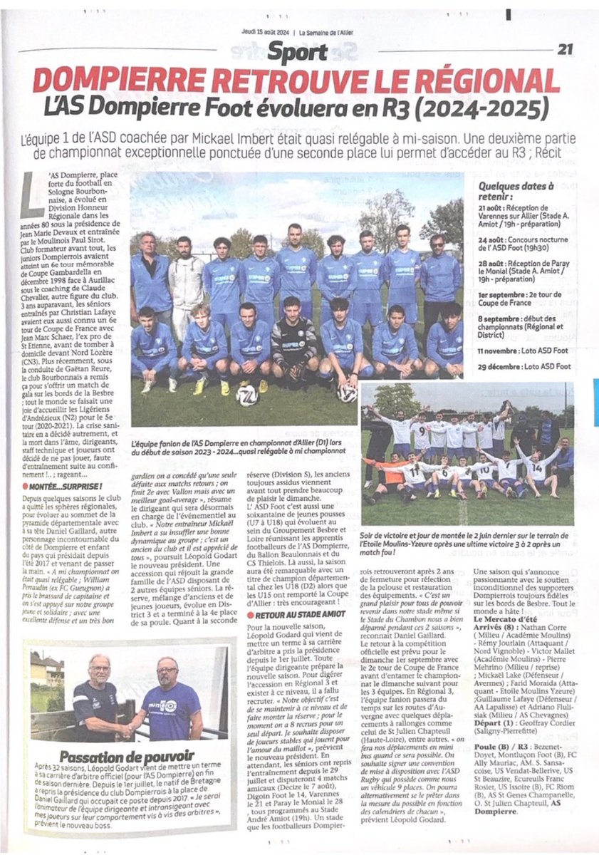 🔵⚪️ Parution d’un magnifique article dans "La Semaine de l’Allier" ! ⚪️🔵

Une page entière est dédiée à l'ASD et à notre montée en Régionale ! 🎉 Un grand merci au journal et au journaliste pour ce superbe article qui met en lumière notre parcours et notre passion 📰📣